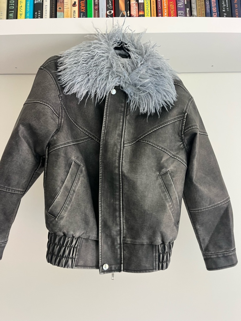 Princess Polly Black Faux Leather Jacket with Light Grey Fuzzy Collar